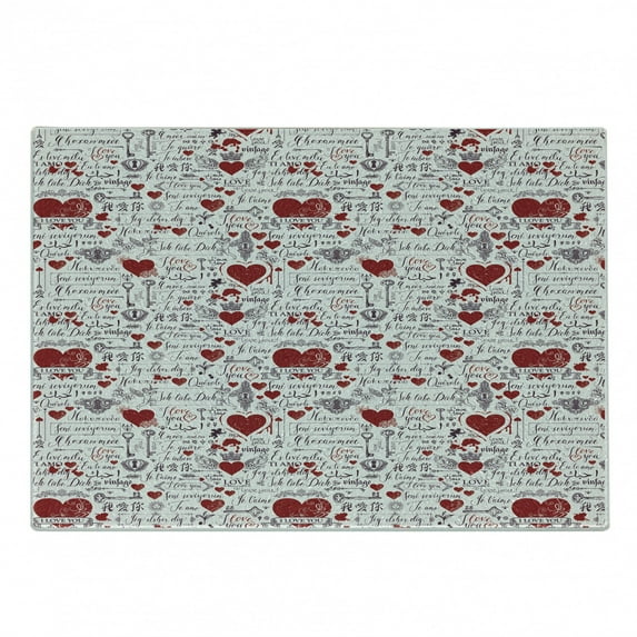 Vintage Valentine Cutting Board, I Love You in Several Languages with Paint Drops and Hearts, Decorative Tempered Glass Cutting and Serving Board, in 3 Sizes, by Ambesonne