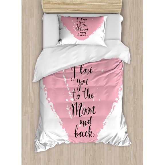 Vintage Valentine Duvet Cover Set Twin Size, Lettering of I Love You to the Moon and Back on Grunge Heart, Decorative 2 Piece Bedding Set with 1 Pillow Sham, Pale Pink Charcoal Grey, by Ambesonne
