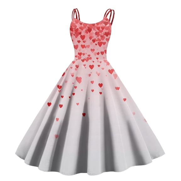 Vintage Valentine Heart Print Party Dresses For Women Round Neck A-Line Sleeveless Midi Dress Light pink S