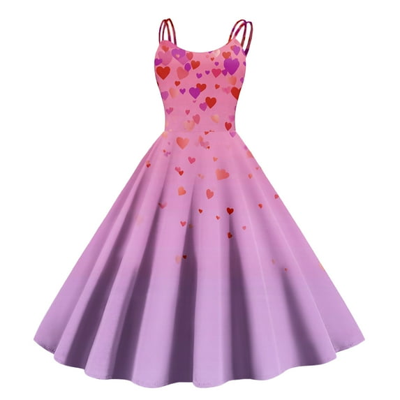Vintage Valentine Heart Print Party Dresses For Women Round Neck A-Line Sleeveless Midi Dress Purple M