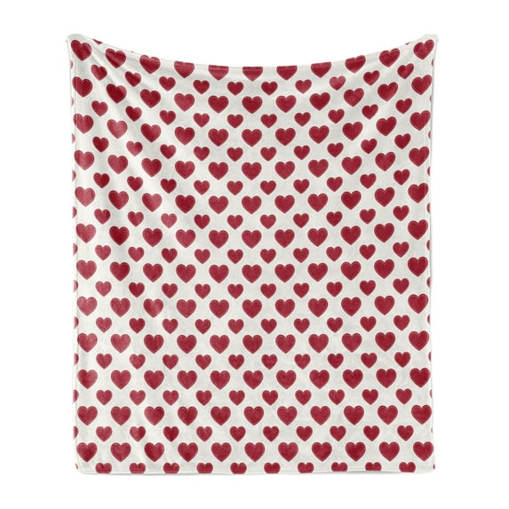 Vintage Valentine Soft Flannel Fleece Blanket, Monochrome Romantic Simple Design of Continuous Classic Hearts, Cozy Plush for Indoor and Outdoor Use, 70" x 90", Vermilion Off White, by Ambesonne