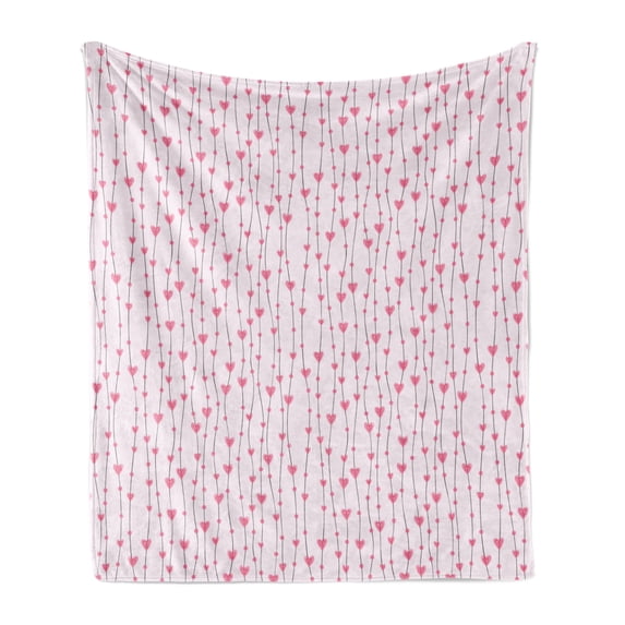 Vintage Valentine Soft Flannel Fleece Throw Blanket, Hearts and Rounds on Curvilinear Lines, Cozy Plush for Indoor and Outdoor Use, 70" x 90", Baby Pink Pink, by Ambesonne