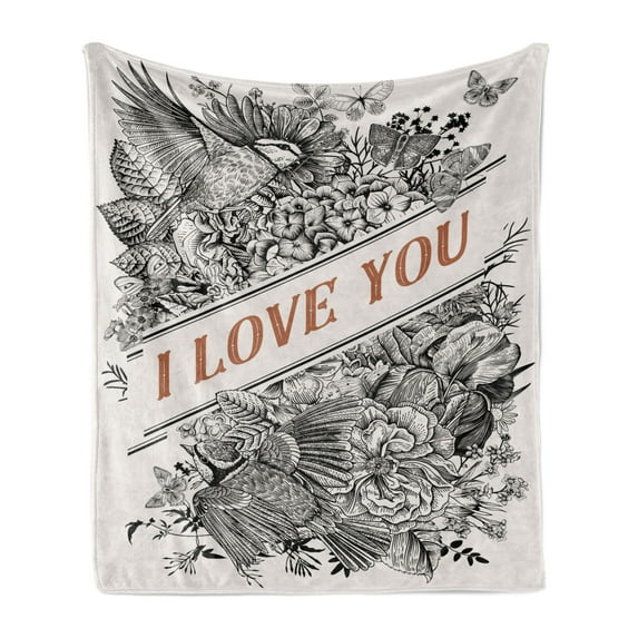 Vintage Valentine Soft Flannel Fleece Throw Blanket, I Love You Words with Engraved Flowers, Cozy Plush for Indoor and Outdoor Use, 50" x 70", Charcoal Grey Rust, by Ambesonne