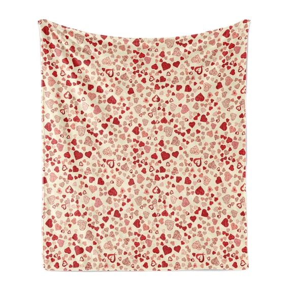 Vintage Valentine Soft Flannel Fleece Throw Blanket, Romantic Beauty Repetitive Pattern with Irregular Hearts, Cozy Plush for Indoor and Outdoor Use, 50" x 70", Cream and Vermilion, by Ambesonne