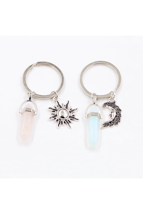Unisex Keychain with Alloy Heart Moon Sun and Hexagonal Prism Design Natural Stone Celestial Keyring Valentine's Day