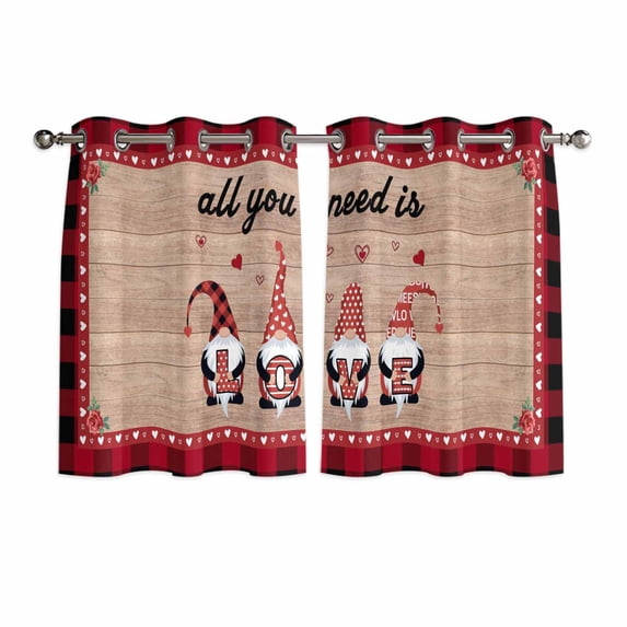Vintage Valentine's Day Kitchen Curtains Short 54 Inch Length, Love Heart Floral Gnomes Plaid Wooden Grommet Bedroom Living Room Curtains, Light Filtering Cafe Curtain Drapes 2 Panels Set 84''x54''