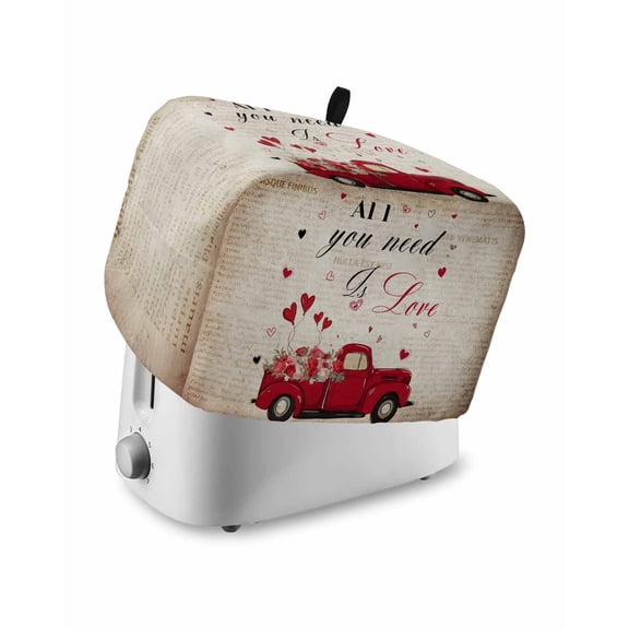Vintage Valentine's Day Small Toaster Cover 2 Slice, Kitchen Appliance Covers, Truck Love Heart Roses Romantic Retro Toaster Oven Cover with Loop, Bread Machine Cover Polyester Dust Cover Protection