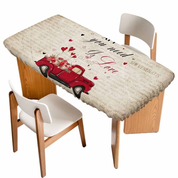 Vintage Valentine's Day Table Cloths for 5 Foot Rectangle Tables, Truck Love Heart Roses Romantic Retro Patio Waterproof Elastic Fitted Tablecloths, Washable Rectangular Table Cover for Camping