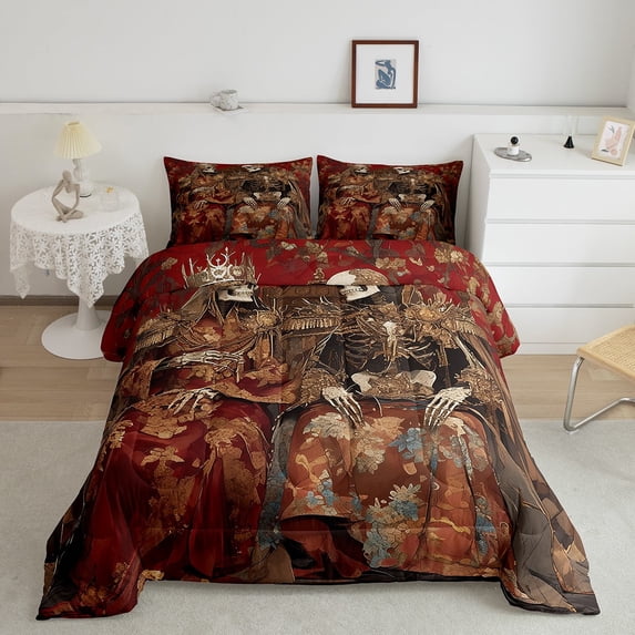 Vintage Valentines Day Bedding Set Queen Size,Exotic Skull Wedding Comforter Set,Gothic Crown Couple Bedding Comforter Sets Red Valentine'S Day Gift Soft Breathable Duvet Insert