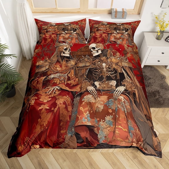 Vintage Valentines Day Comforter Cover Queen Size,Exotic Skull Wedding Duvet Cover,Gothic Crown Couple Bedding Set Red Valentine'S Day Gift Soft Breathable Quilt Cover(No Comforter)