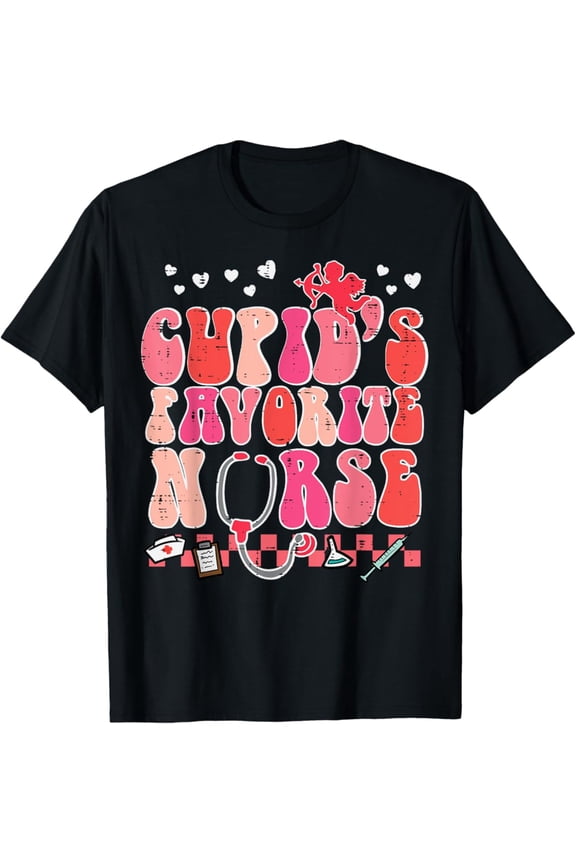 Vintage Valentines Day Cupids Favorite Nurse Retro Scrub Top Women T-Shirt Size S-5Xl Best Birthday Gifts