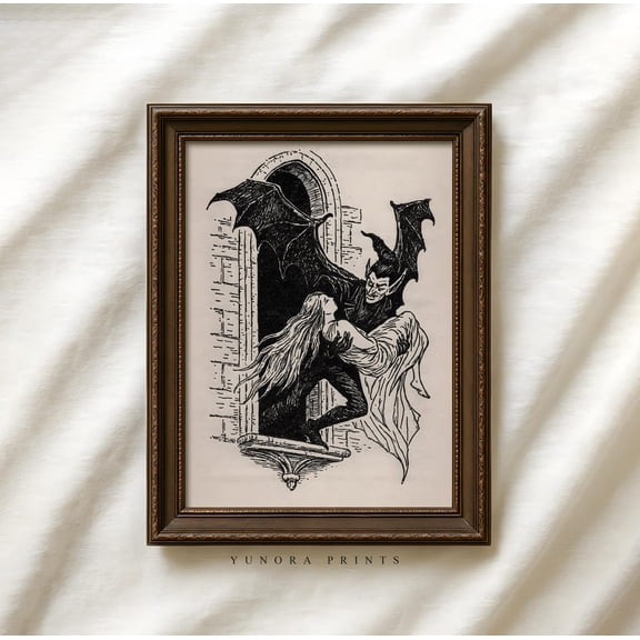 Vintage Vampire Art , Gothic Wall Decor, Dark Horror Illustration, Unframed Paper Print