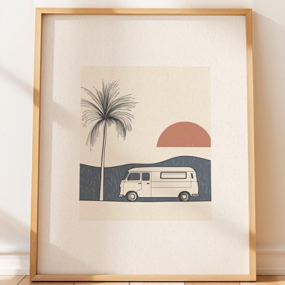 Vintage Van Boho Palm Tree Retro Campervan Line Art Unframed Paper Print