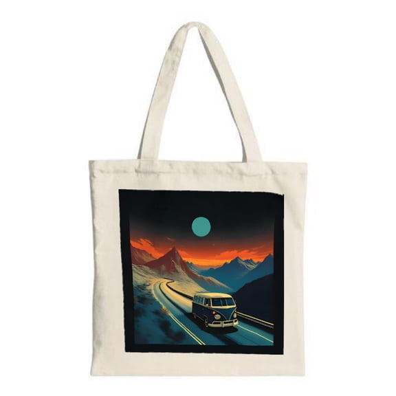 Vintage Van Canvas Tote Bag - Multifunctional Reusable Shopping Bag with Winding Road and Sunset Design Perfect for Travel and Parties