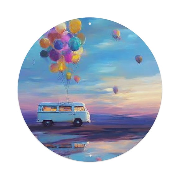 Vintage Van Colorful Balloons Sky7.9x7.9in Round Aluminum Plaque Wall Art, UV Printed Vintage Metal Sign with Pre-Drilled Holes for Home Bar Garage Cafe Decor