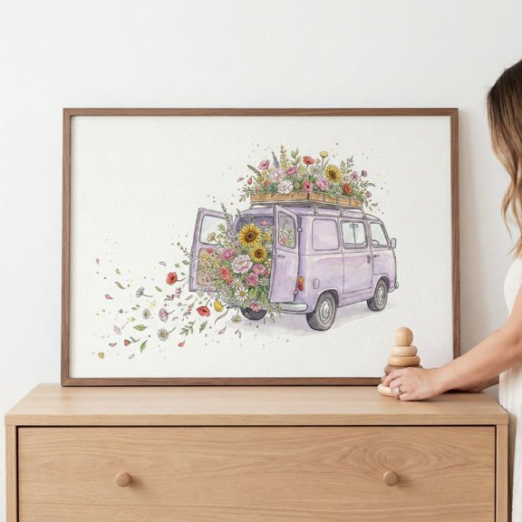 Vintage Van Floral Overflow Wall Art Purple Retro Van Decor Watercolor Style Wildflower Print Cottagecore Boho Nursery Art Sunflower Art