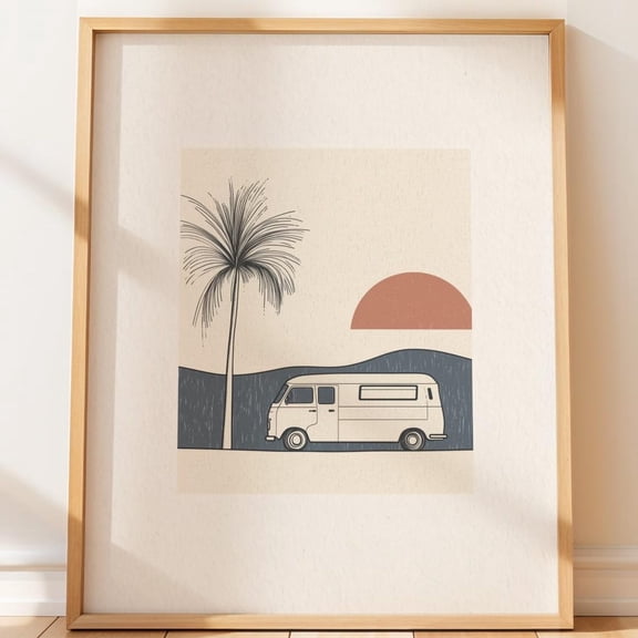 Vintage Van Wall Art Boho Palm Tree Retro Campervan Line Modern Home Decor Travel Vacation Vibes, Unframed Poster