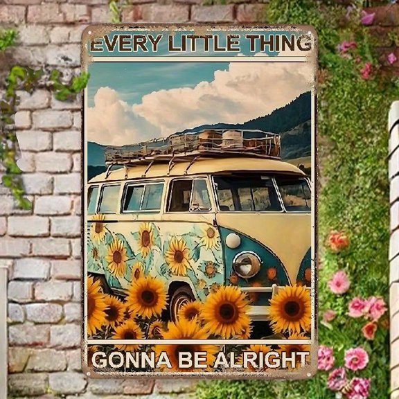 Vintage Van Wall Art - "Every Little Thing Will Get Better" - Handmade Iron Sign With Sunflowers And Peace Symbol