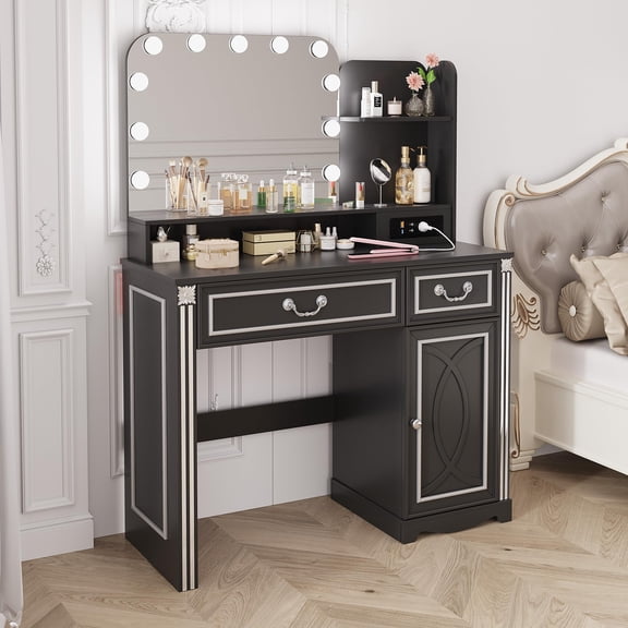 Vintage Vanity Table with Lighted Mirror, 39.4 Inch Makeup Desk, Adjustable Hollywood Bulbs & 2 Drawers, Bedroom Dressing Table for Women, Black