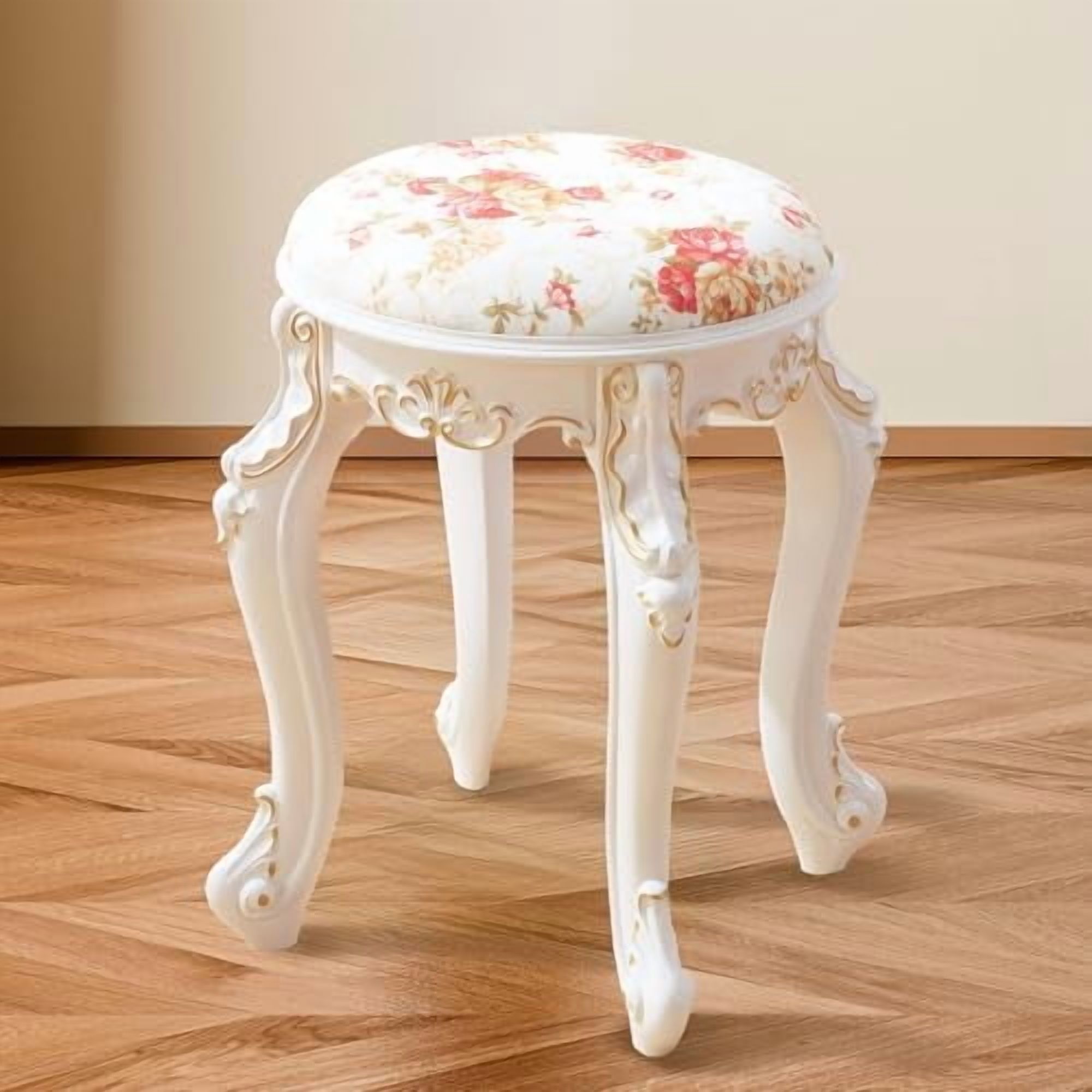 Vintage Vanity Victorian Chair, Round Leather Ottoman with Velvet Seat