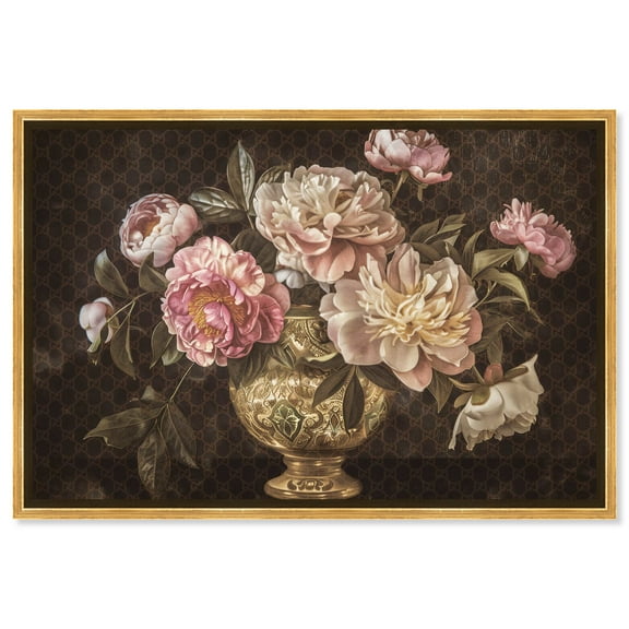 Vintage Vase And Classical Flowers Classical Canvas Wall Art by Art Remedy, Gold Floater Frame, 15"x10"