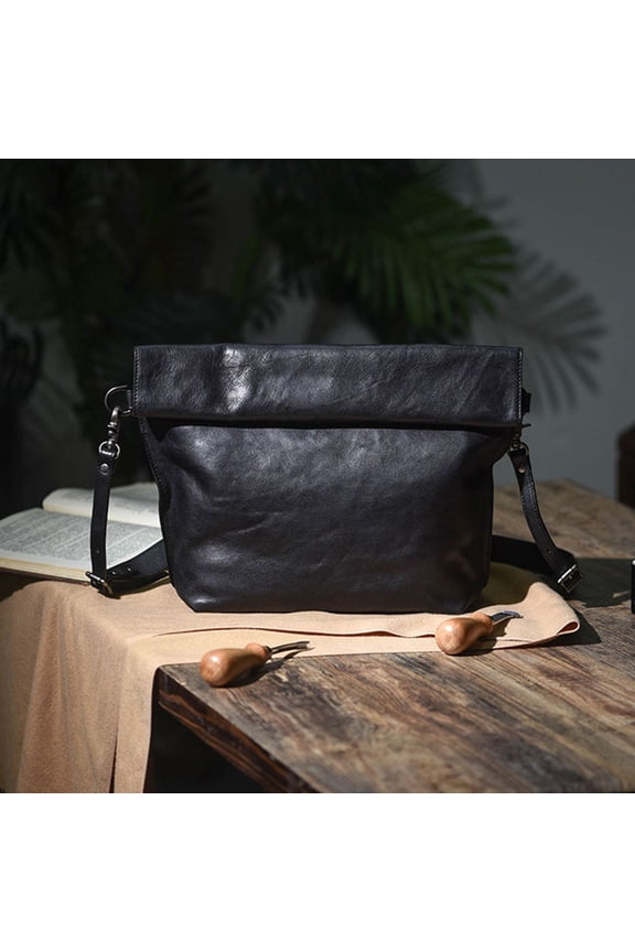 Vintage Vegetable Tanned Leather Handmade Men's Shoulder Bag,Black
