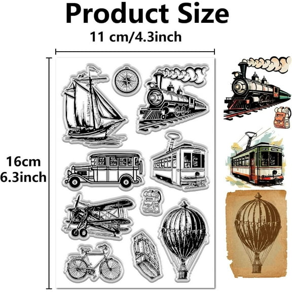 Vintage Vehicle Clear Rubber Stamps Train Reusable Hot-air Balloon Aircraft Transparent Silicone Stamp Seals for Decorative DIY Handmade Scrapbooking Journaling Card Making Decor Photo Album