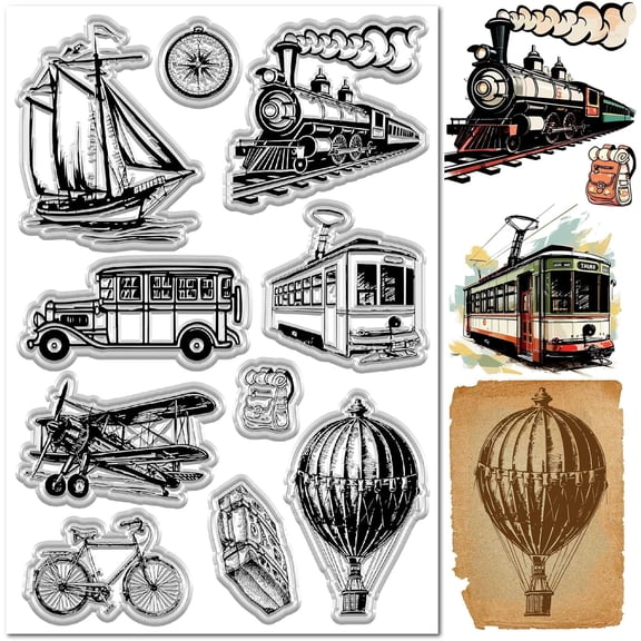 Vintage Vehicle Clear Rubber Stamps Train Reusable Hot-air Balloon Aircraft Transparent Silicone Stamp Seals for DIY Making