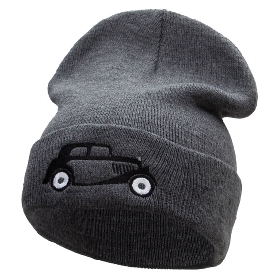 Vintage Vehicle Embroidered 12 Inch Long Knitted Beanie - Dk Grey OSFM