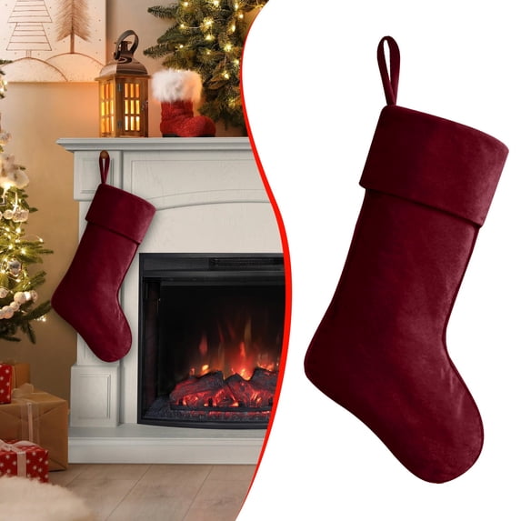 Vintage Velvet Christmas Stocking,Burgundy Xmas Stocking,Sock Christmas Hanging Decoration,14.17"Large Thick Soft Velvet Hanging,Fireplace Candy Gift Family New Year Holiday Party Ornament 1Pc