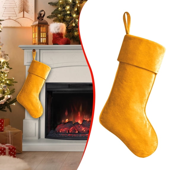 Vintage Velvet Christmas Stocking,Yellow Xmas Stocking,Sock Christmas Hanging Decoration,14.17"Large Thick Soft Velvet Hanging,Fireplace Candy Gift Family New Year Holiday Party Ornament 1Pc