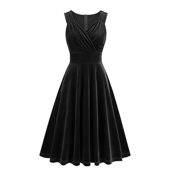 Vintage Velvet Dress for Women Party 2025 Sleeveless Pleated Wrap V Neck Ball Gown Tea Length Cocktail Dress (Medium, Black)