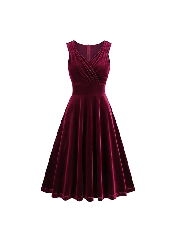 Vintage Velvet Dress for Women Party 2025 Sleeveless Pleated Wrap V Neck Ball Gown Tea Length Cocktail Dress (Medium, Red)