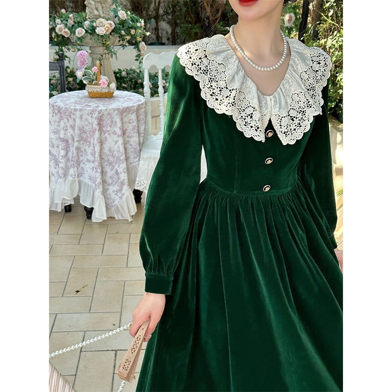 Vintage Velvet Midi Dress Women Lace Patchwork A Line