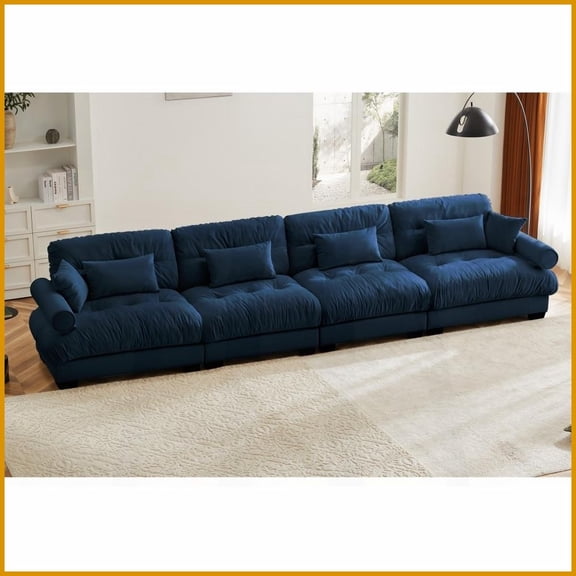 Vintage Velvet Oversized Modular L-Shaped Sectional Sofa with Movable Ottoman - Cloud-Like Comfort for Living Room, Blue