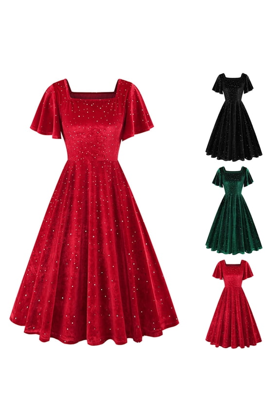 Vintage Velvet Prom Dress for Women Flutter Sleeve Square Neck Tunic Waist Sparkly Tea Dress Cocktail Swing Midi Dress Wine,L