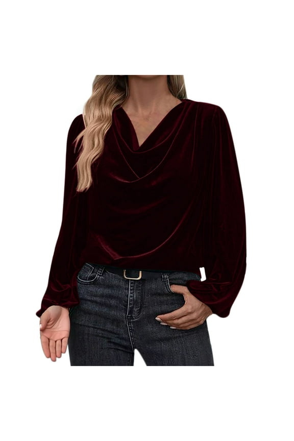 Vintage Velvet Top for Women's Cowl Neck Oversized Lantern Sleeve Drape Ruched Casual Blouse for Bussiness Party
