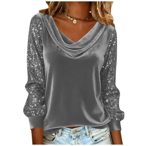 Vintage Velvet Tops for Women Casual Glitter Sequins Long Sleeve Stylish Shirt Cowl Neck Drape Ruched Front Dressy Blouse
