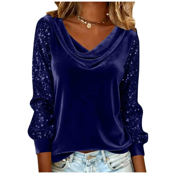 Vintage Velvet Tops for Women Casual Glitter Sequins Long Sleeve Stylish Shirt Cowl Neck Drape Ruched Front Dressy Blouse