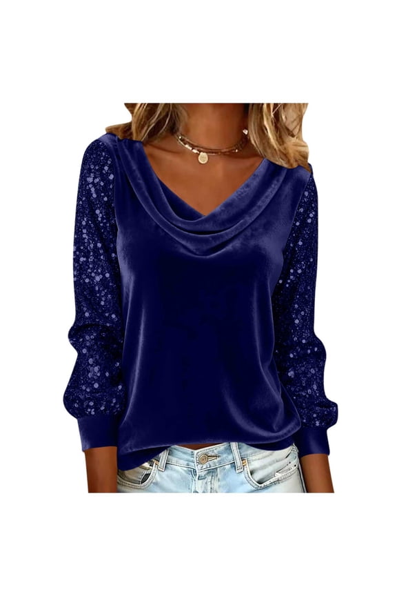 Vintage Velvet Tops for Women Casual Glitter Sequins Long Sleeve Stylish Shirt Cowl Neck Drape Ruched Front Dressy Blouse