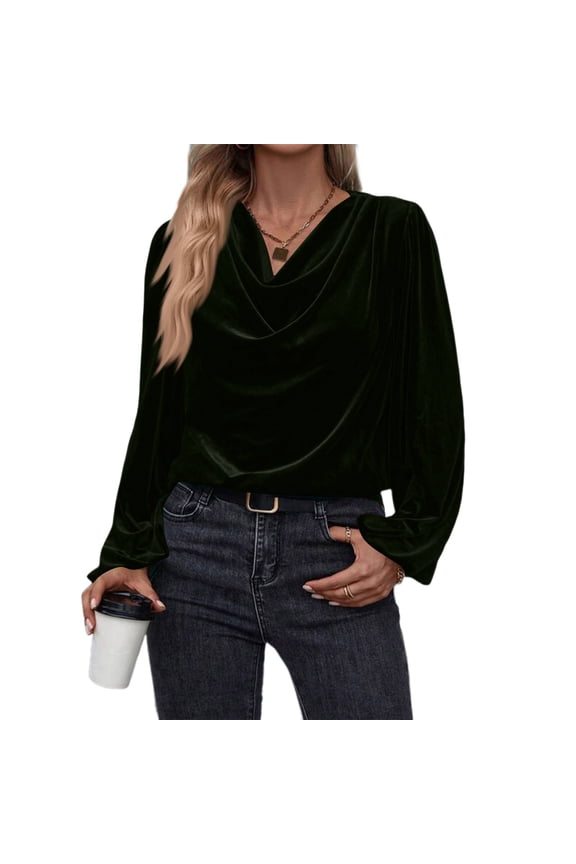Vintage Velvet Tops for Women Casual Long Sleeve Stylish Shirt Cowl Neck Drape Ruched Front Christmas Party Blouse Dark Green XXL