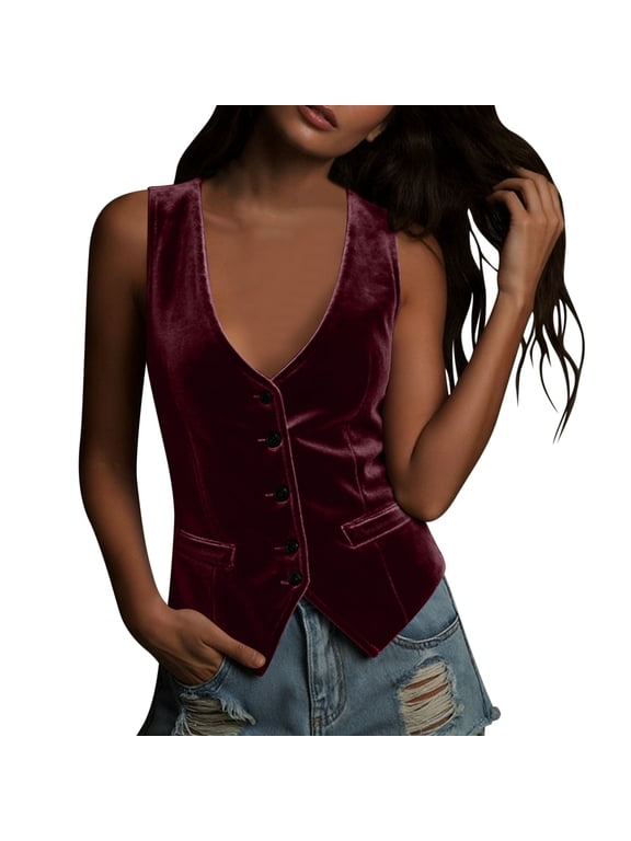 Vintage Velvet Vest for Women V Neck Cropped Sleeveless Casual Tops Regular Fitted Jacket Waistcoat Wine L(L)