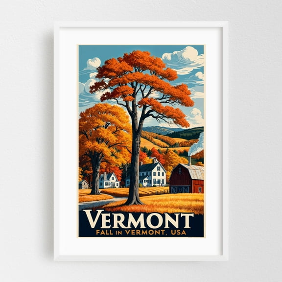 Vintage Vermont Fall Illustration | Autumn Landscape Art - Vermont Illustration Autumn Travel Poster Vintage Poster Rural Farmhouse Landscape Nature White Framed Wall Art Print 5 x 7 inches