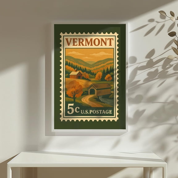 Vintage Vermont Postage Stamp Poster Rustic Covered Bridge Fall Landscape Poster Retro Mail Wall Art Decor, Unframed Poster Size 8x12