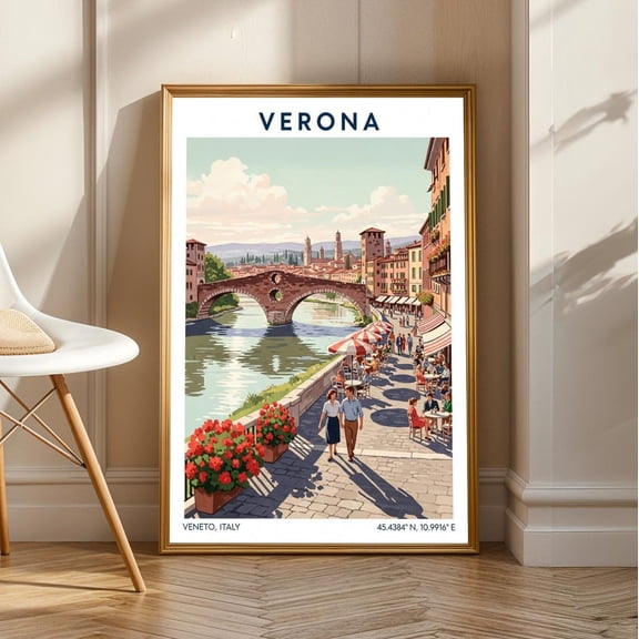 Vintage Verona Italy Travel Poster: Riverside Promenade Art Print, Unframed Canvas Size 16x24