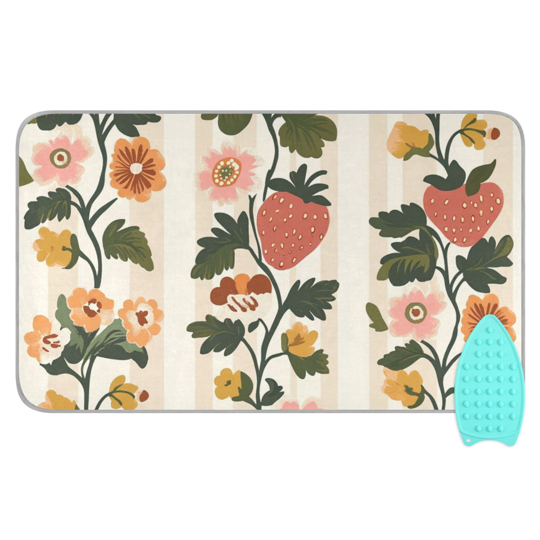 Vintage Vertical Stripes Strawberries Florals Leaves Ironing Mat Blanket Portable Travel Ironing Pad Heat Resistant Pad 47.2" x 27.6”