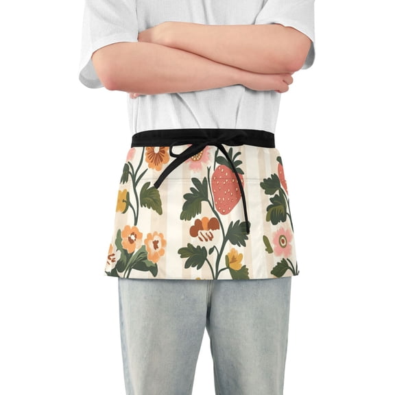 Vintage Vertical Stripes Strawberries Florals Leaves Short Server Apron with 3 Pockets for Unisex Chef Gardening