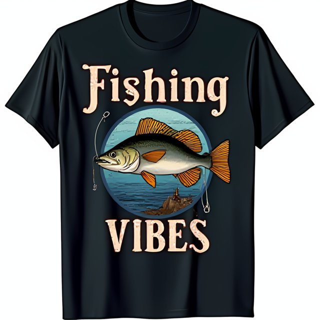 Vintage Vibes Black TShirt with Fish on Hook Graphic Design
