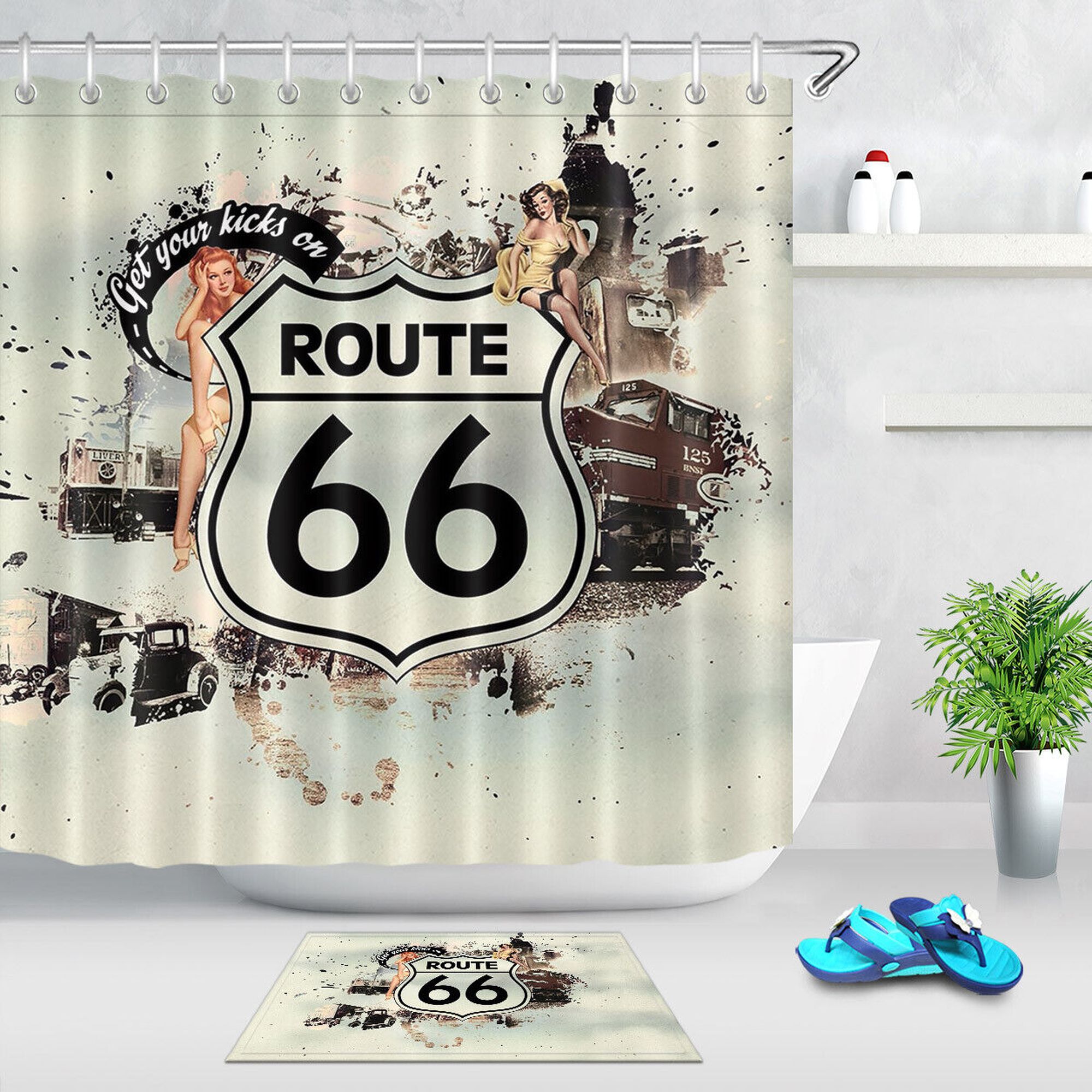 Vintage Vibes Retro Route 66 PinUp Girl Shower Curtain Set with Hooks Waterproof Fabric for