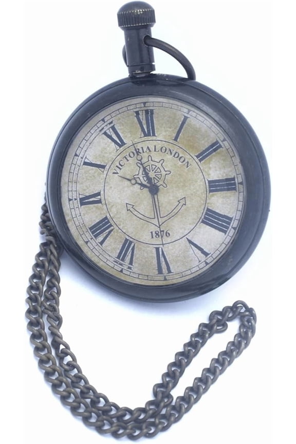 Vintage Victoria London 1876 Classic Pocket Watch with Chain and Wooden Box - Timeless Elegance for Men and Women, Gift 46mm